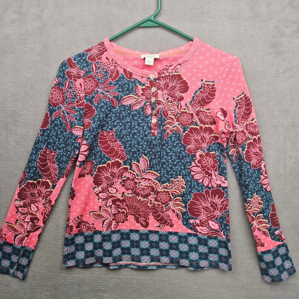 Sundance Floral Owl Print Long Sleeve Henley Top Cotton Boho Cottagecore Size S